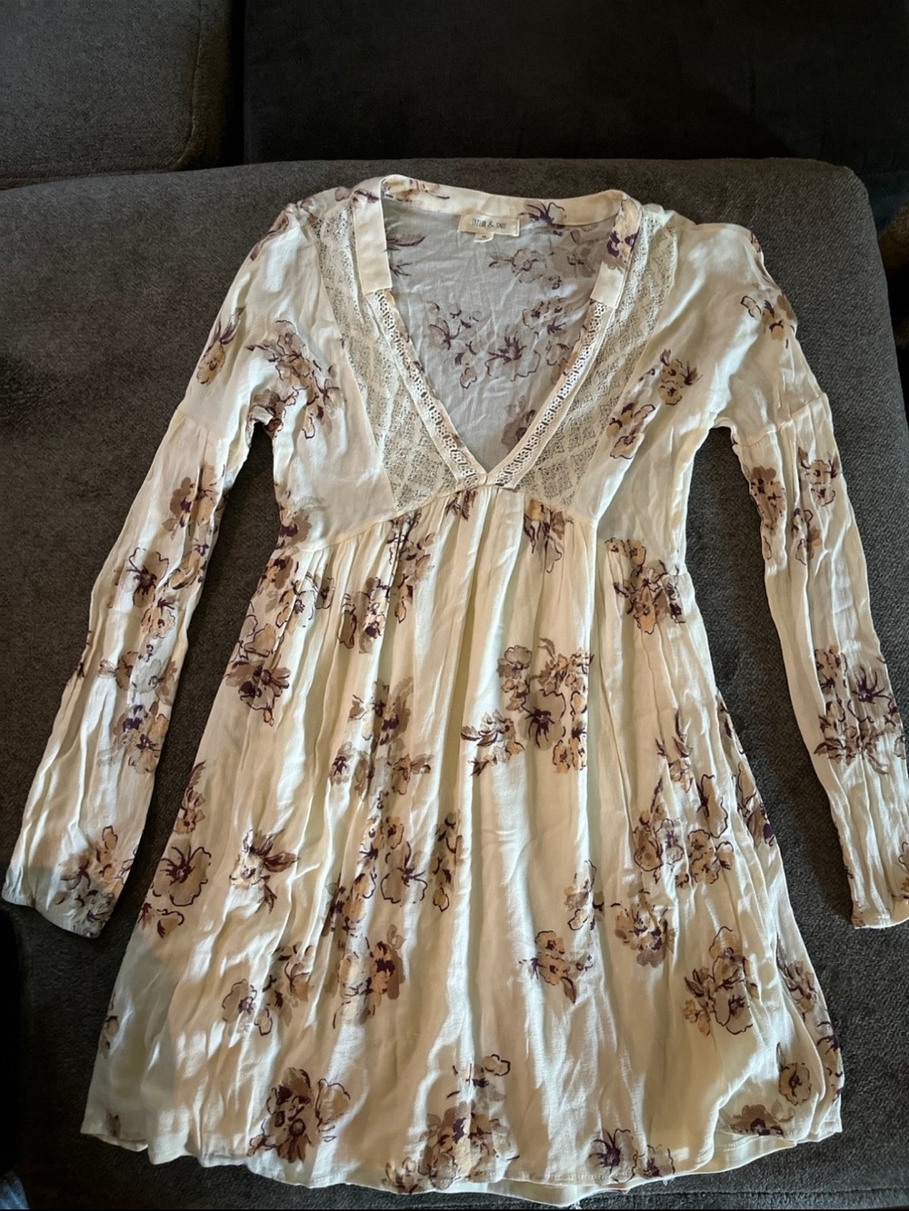 Taylor & Sage Cream Long Sleeve Dress with Purple Floral Print